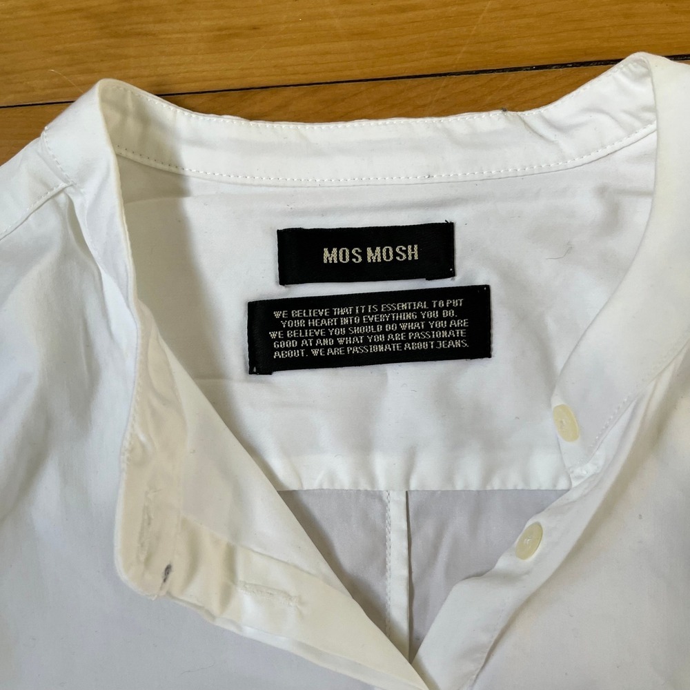 Mos Mosh White Mandarin Collar Ruffle Cuff Button Down Shirt Blouse Long Sleeve